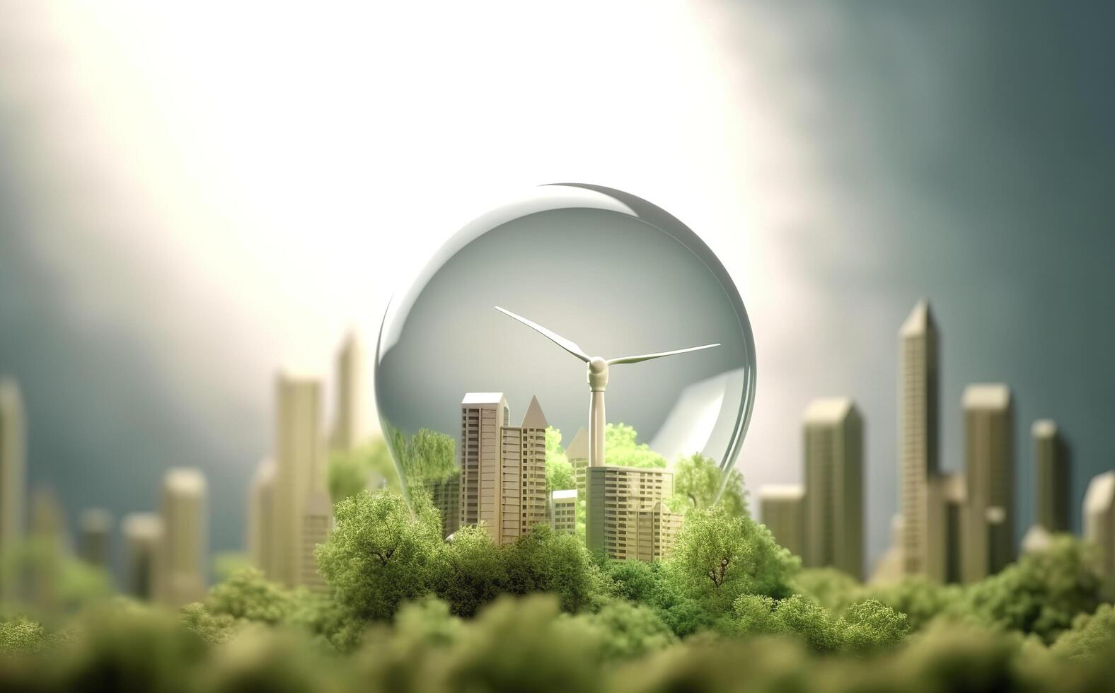 Energy consumption and CO2 gas emissions are increasing light bulbs with green eco city, Renewable energy by 2050 Carbon neutral energy, Save energy creative idea concept, . photo
