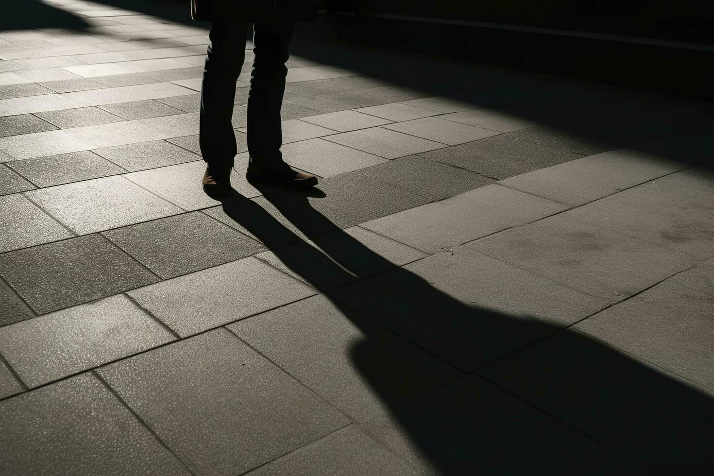 Dark shadow of a lonely person on the ground in the street. Stranger with a cigarette. Anxiety, depression, loneliness, fear concept, generate ai photo