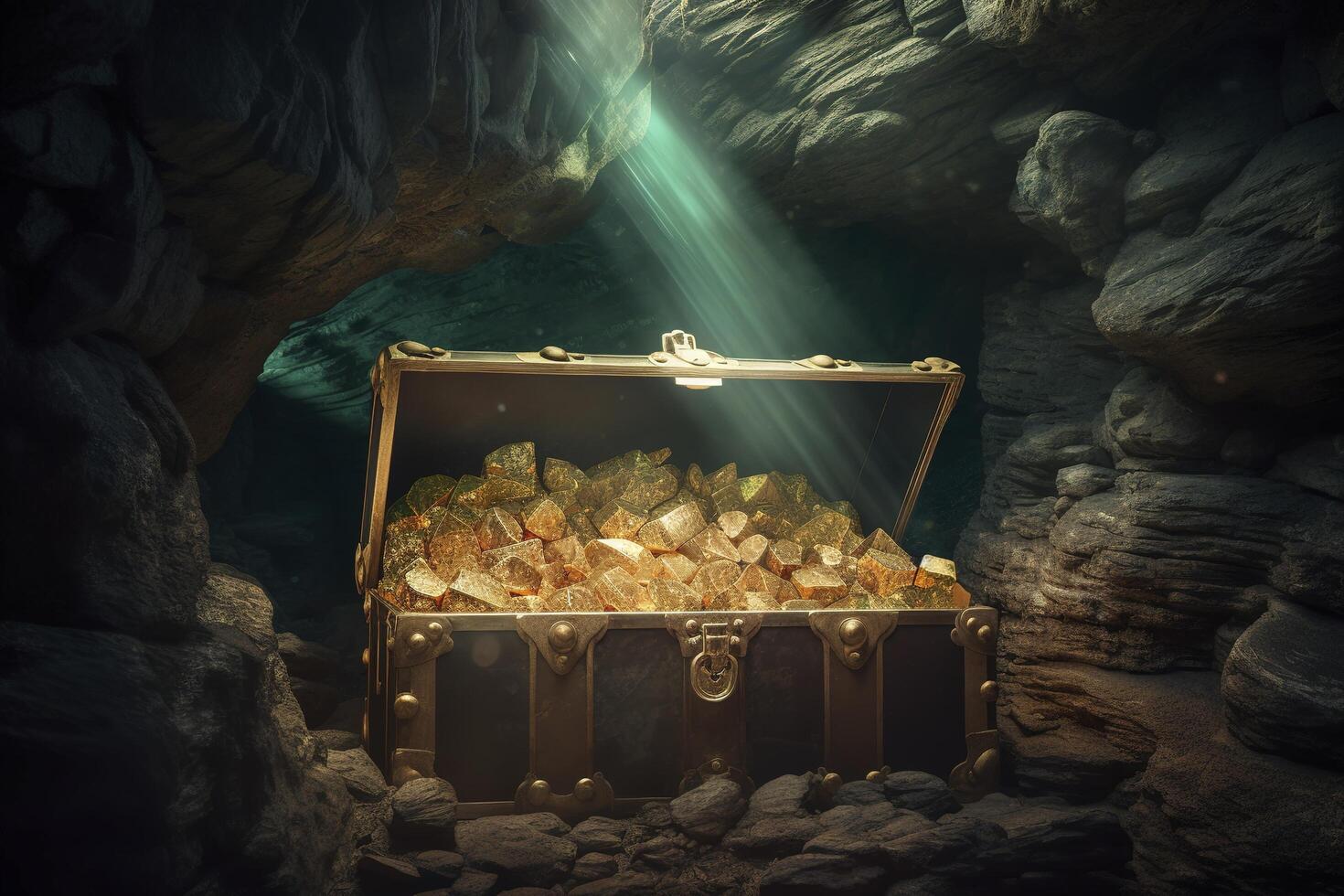 illustration of pirates treasure chest in cave photo