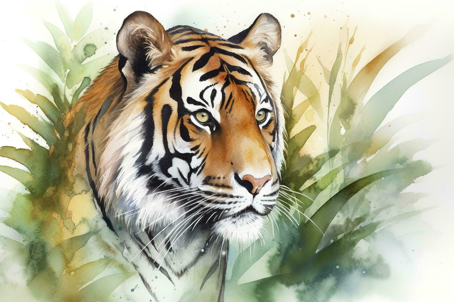 Paint a realistic portrait of a tiger in the jungle watercolor painting, beautiful natural forms, crisp clean shapes, colorful, white background, generate ai photo