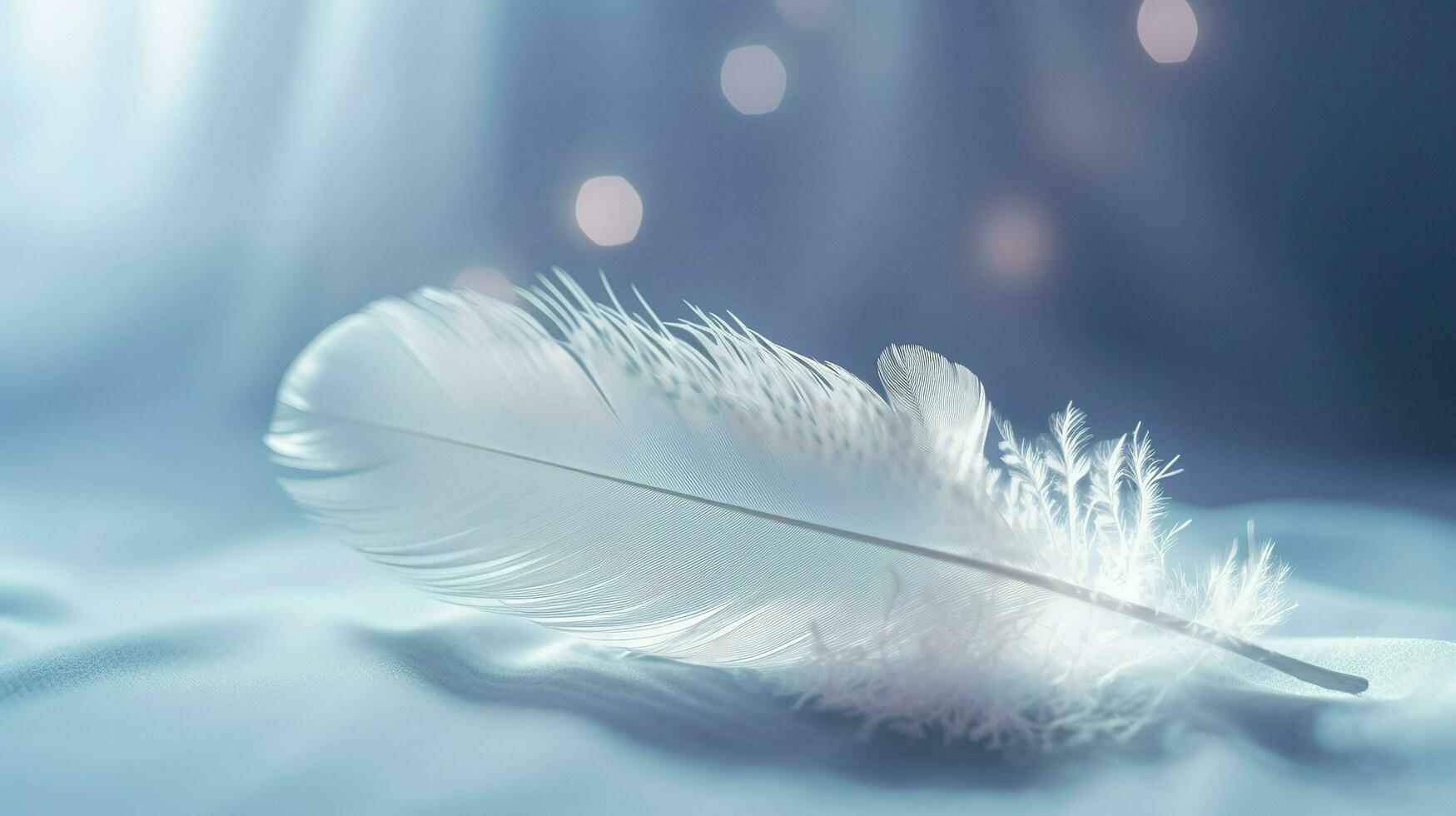 a bright blue background with one white feather, in the style of soft and dreamy pastels, glimmering light effects, nature inspired imagery, fairycore, soft focal points, generate ai photo