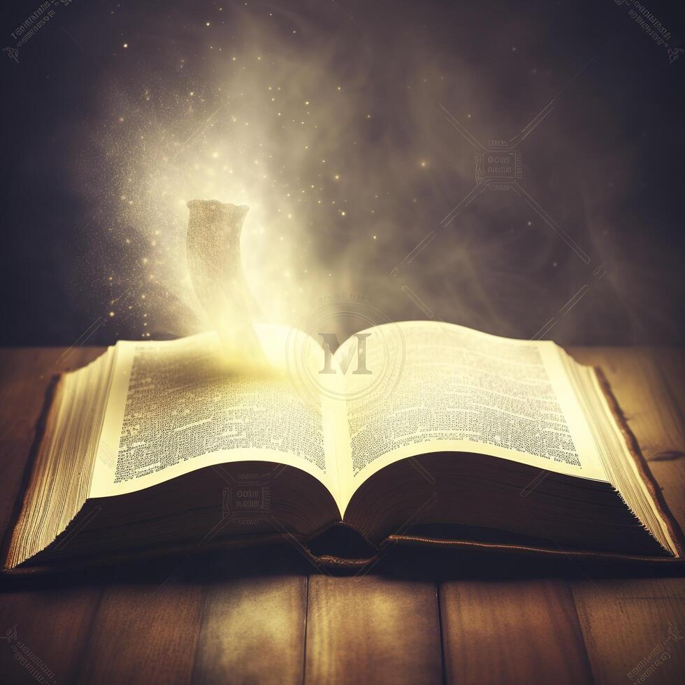 an open book with music notes floating out of it's pages on a dark background with light coming from the top of the book. photo