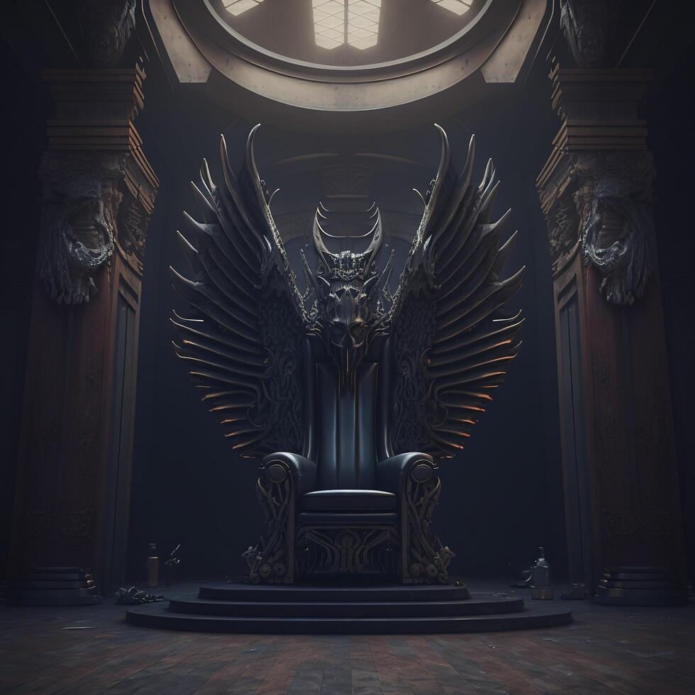 illustration of the hell throne hall with a throne, idea for scary background backdrop, fantasy throne, majestic throne room decorated, photo
