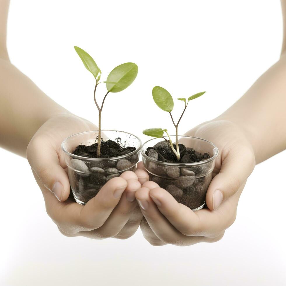 ambiente tierra día en el árbol planta en mano aislado en transparente fondo.bosque conservación concepto, concepto eco tierra día. ahorro el ambiente, ecología concepto, generar ai foto