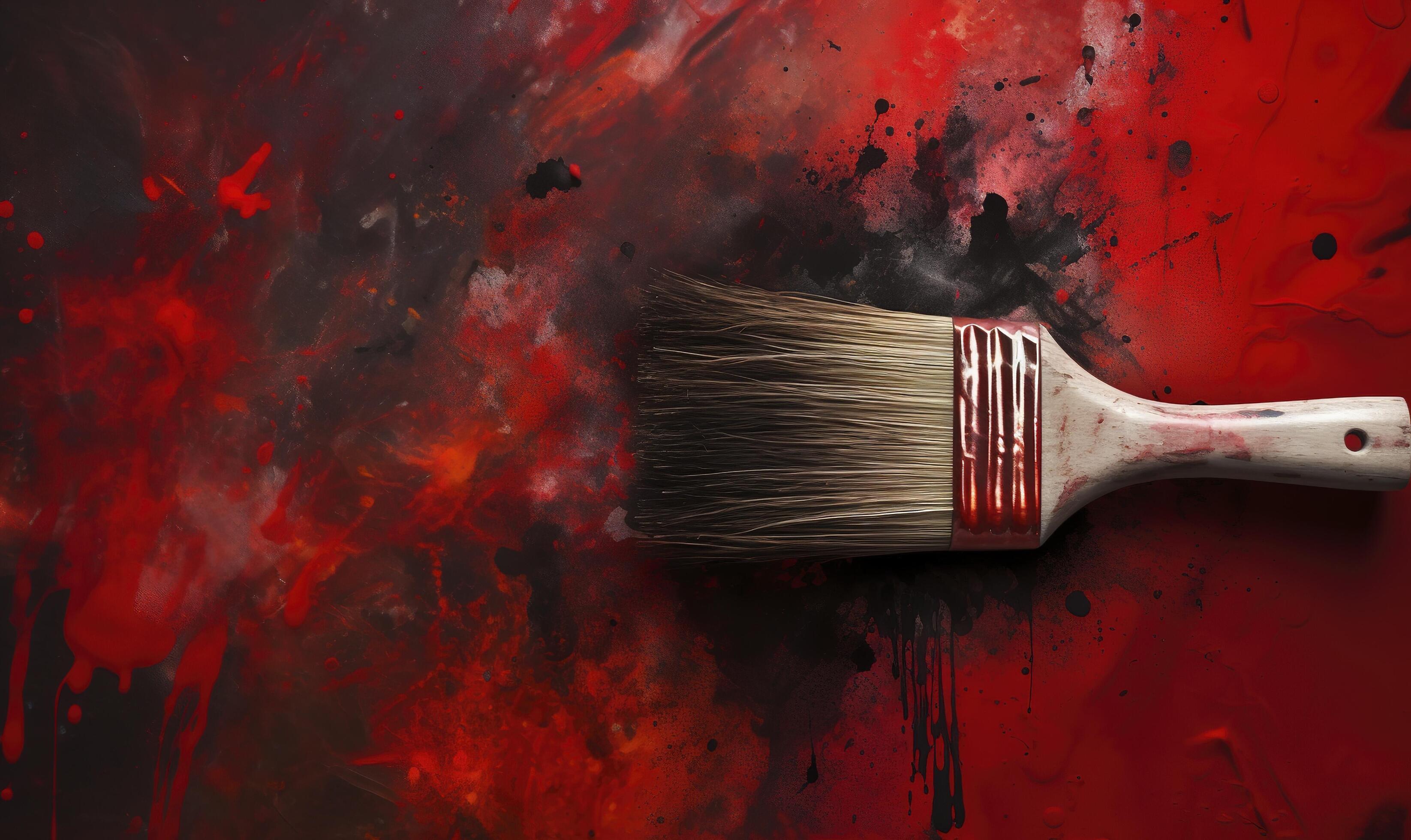 Used paint brushes and paint background with blue and red strokes