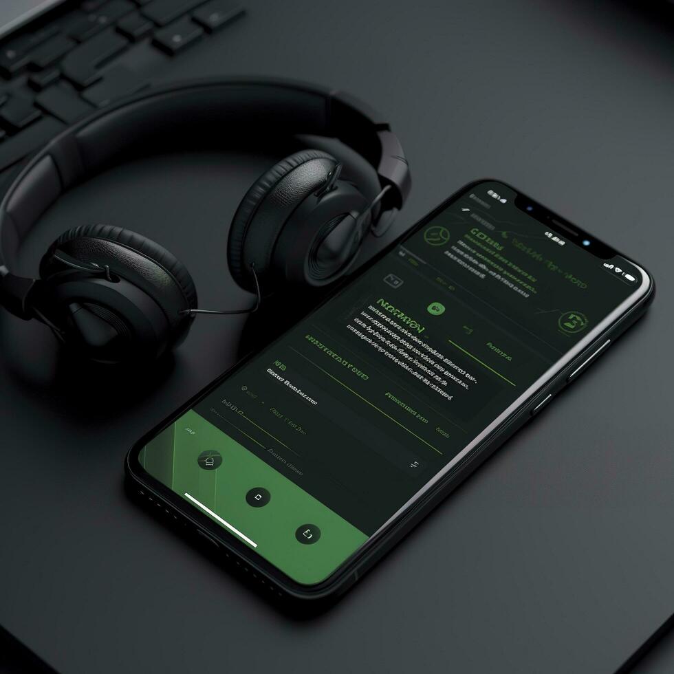 Mobile phone screen mockup, black headphones  isolated on black background  Smartphone display mock up and head phones for listening music, audio, podcast app , generate ai photo