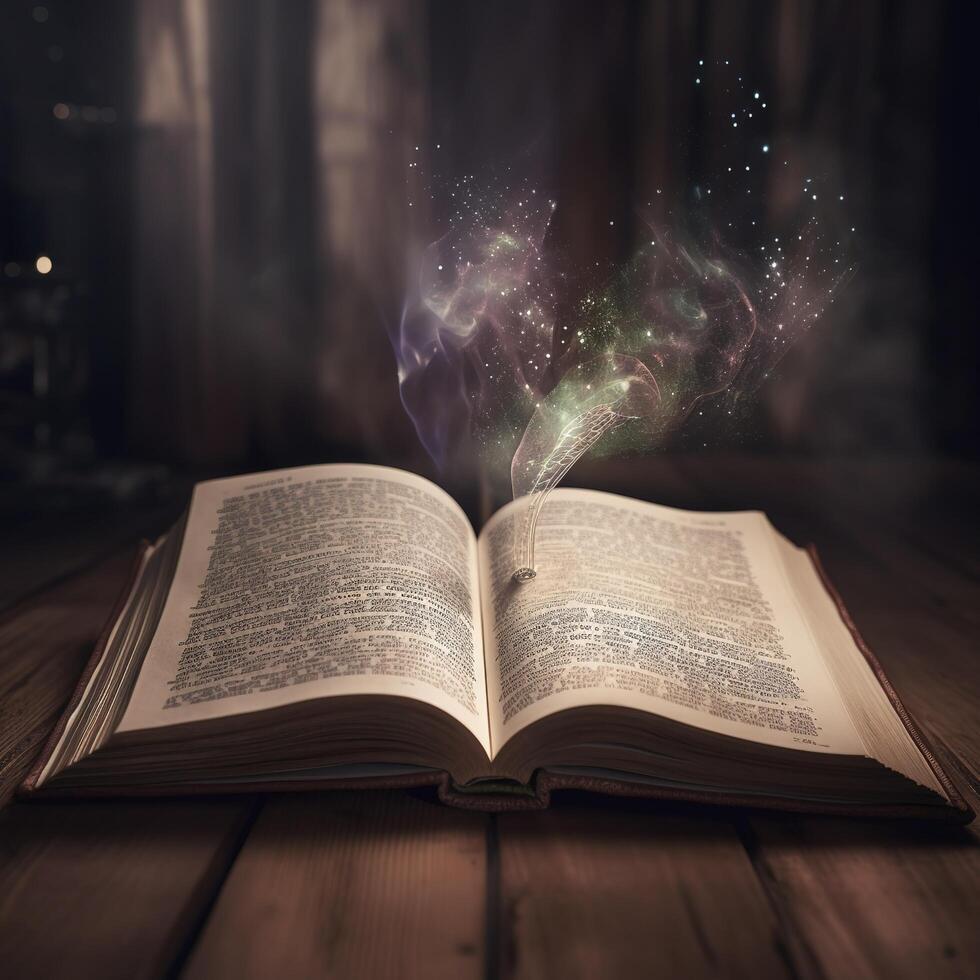 an open book with music notes floating out of it's pages on a dark background with light coming from the top of the book. photo