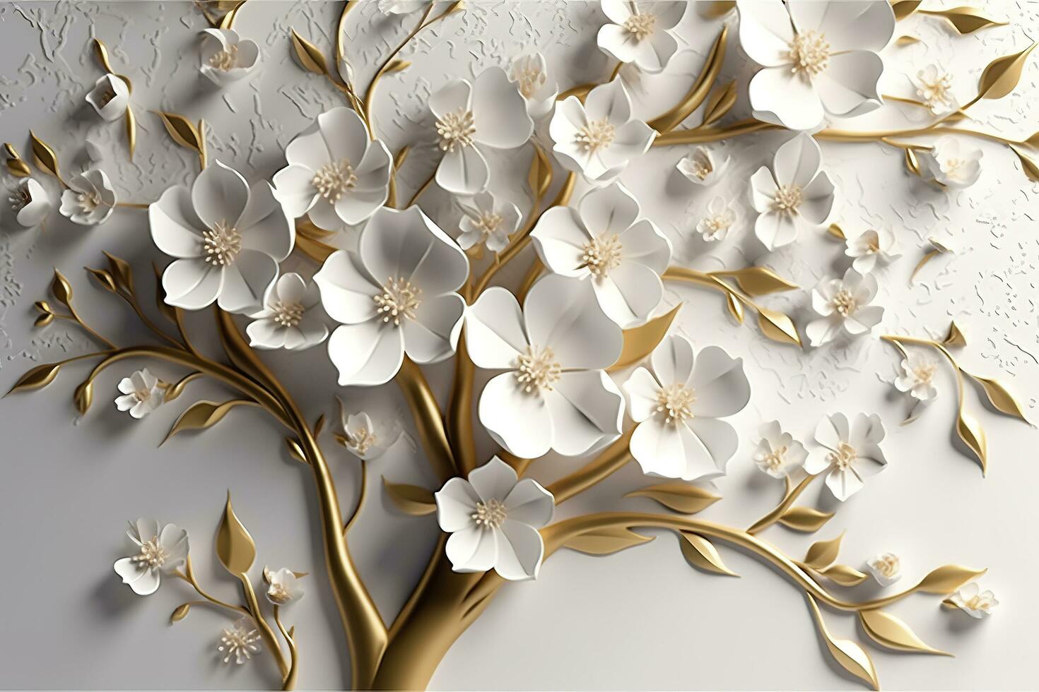 3d wallpaper floral tree background with white flower leaves and golden stem. interior wall home decor, generate ai photo