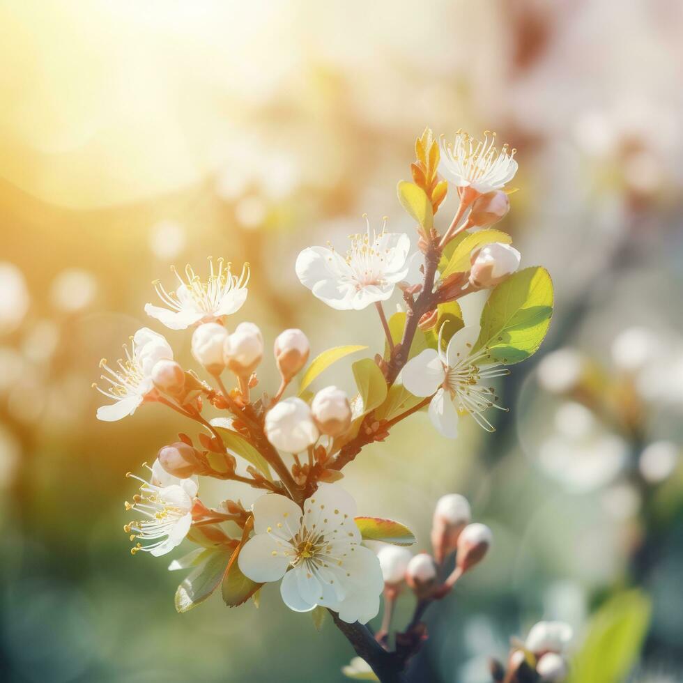 Beautiful nature scene with blooming flowers tree and sun flare, Beautiful Orchard , generat ai photo