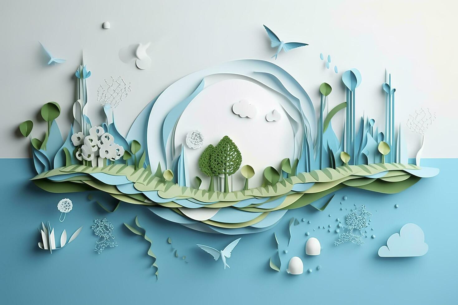 Paper art , Ecology and world water day , Saving water and world Environment day, environmental protection and save earth water , Generate Ai photo