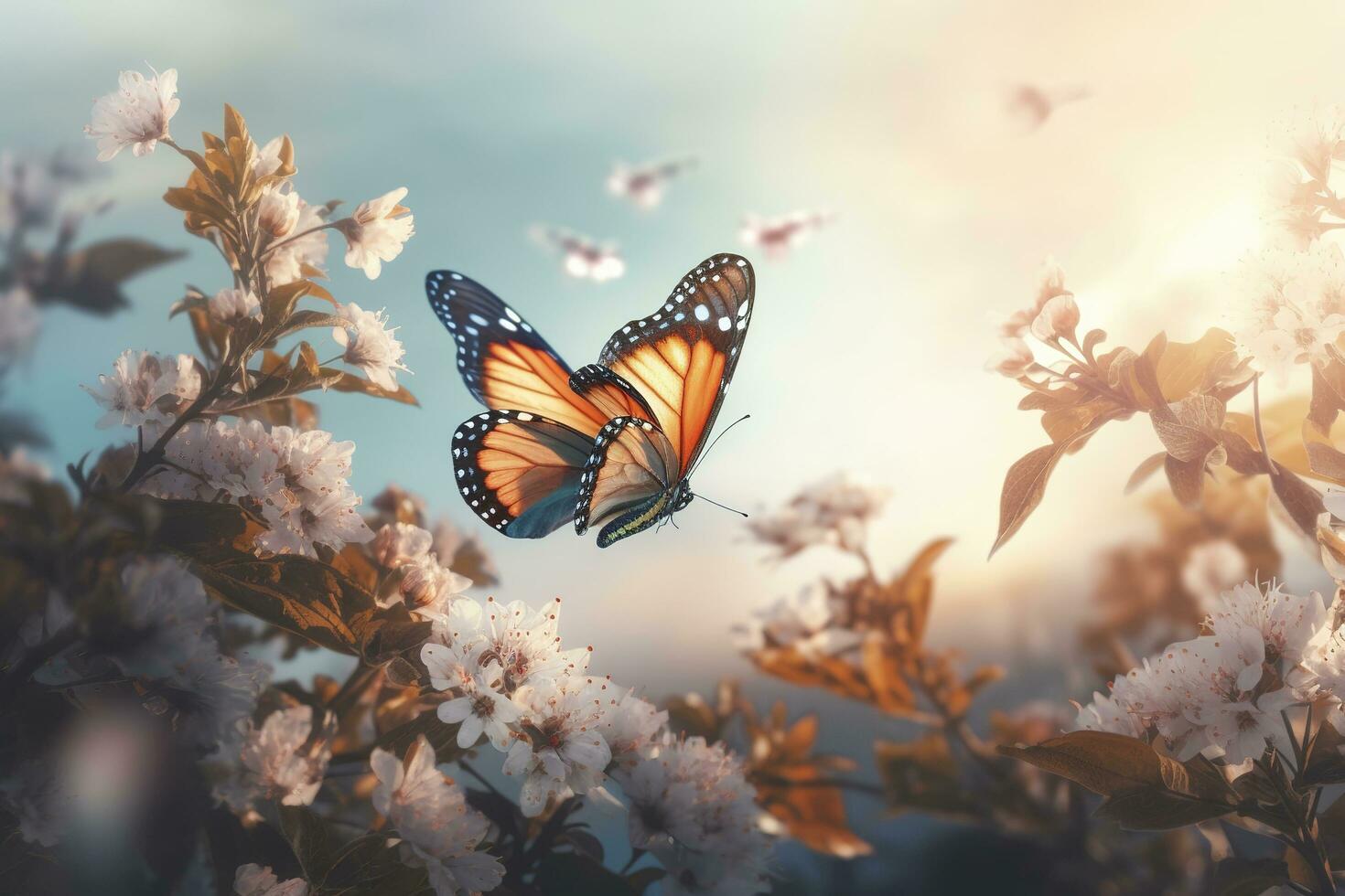 Spring banner, branches of blossoming cherry against the background of blue sky, and butterflies on nature outdoors. Pink sakura flowers, dreamy romantic image spring, landscape panorama, generate ai photo