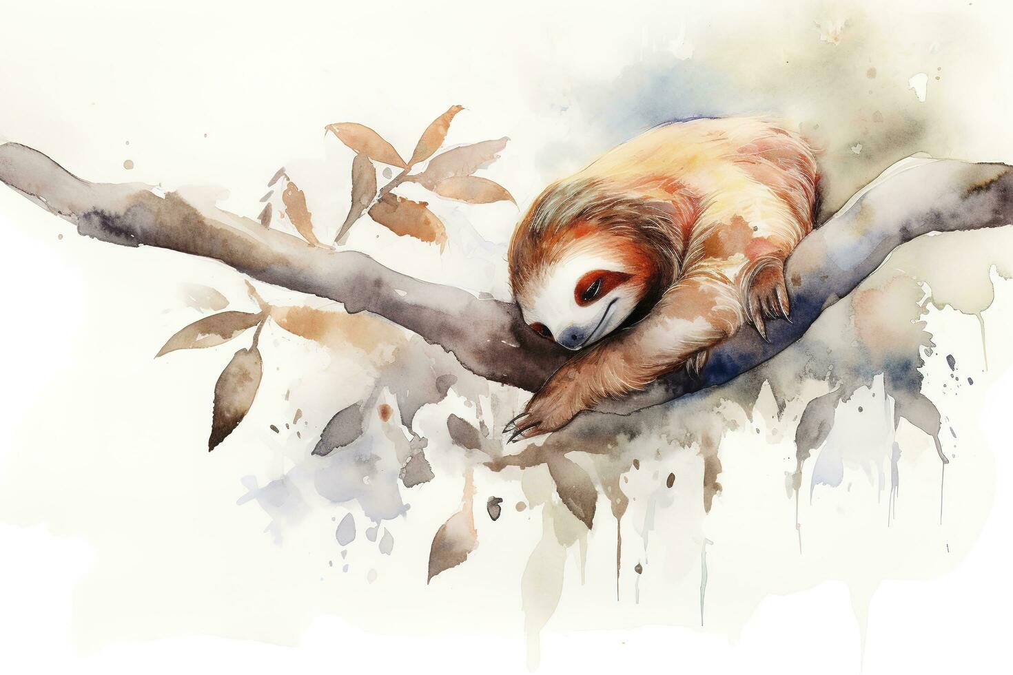 A sloth sleeping on a tree branch watercolor painting, beautiful natural forms, crisp clean shapes, colorful, white background, generate ai photo