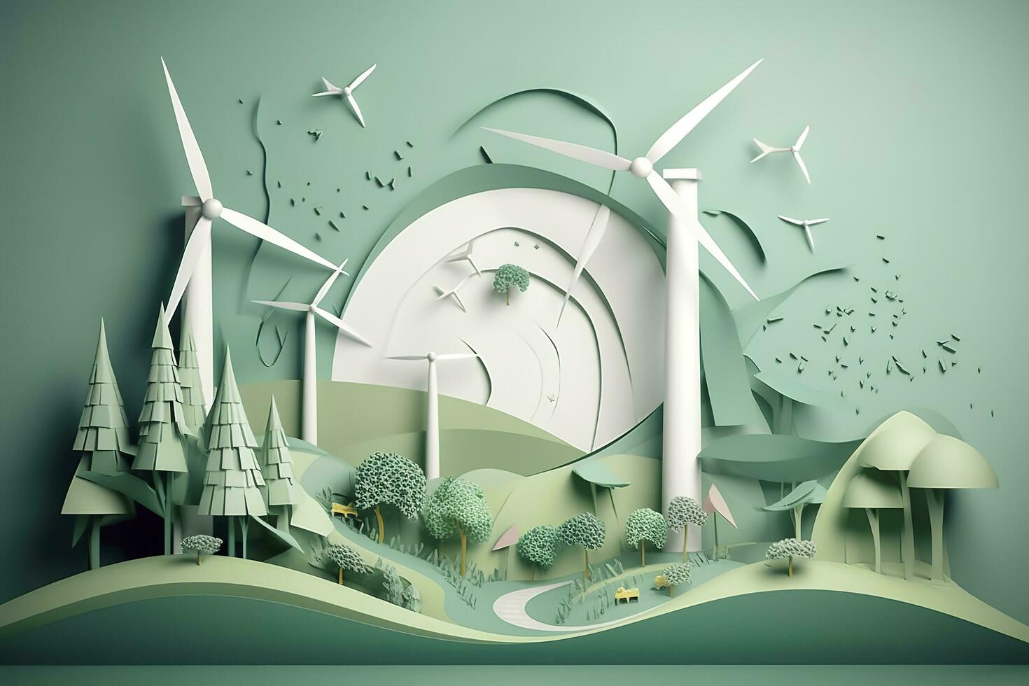Paper art, renewable energy with green energy such as wind turbines, Renewable energy by 2050 Carbon neutral energy, Energy consumption, and CO2, Reduce CO2 emission concept, generate ai photo