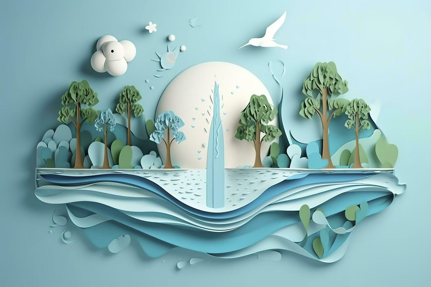 Paper art , Ecology and world water day , Saving water and world Environment day, environmental protection and save earth water , Generate Ai photo