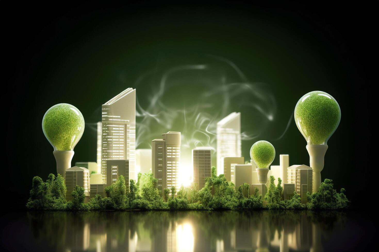 Energy consumption and CO2 gas emissions are increasing light bulbs with green eco city, Renewable energy by 2050 Carbon neutral energy, Save energy creative idea concept, . photo