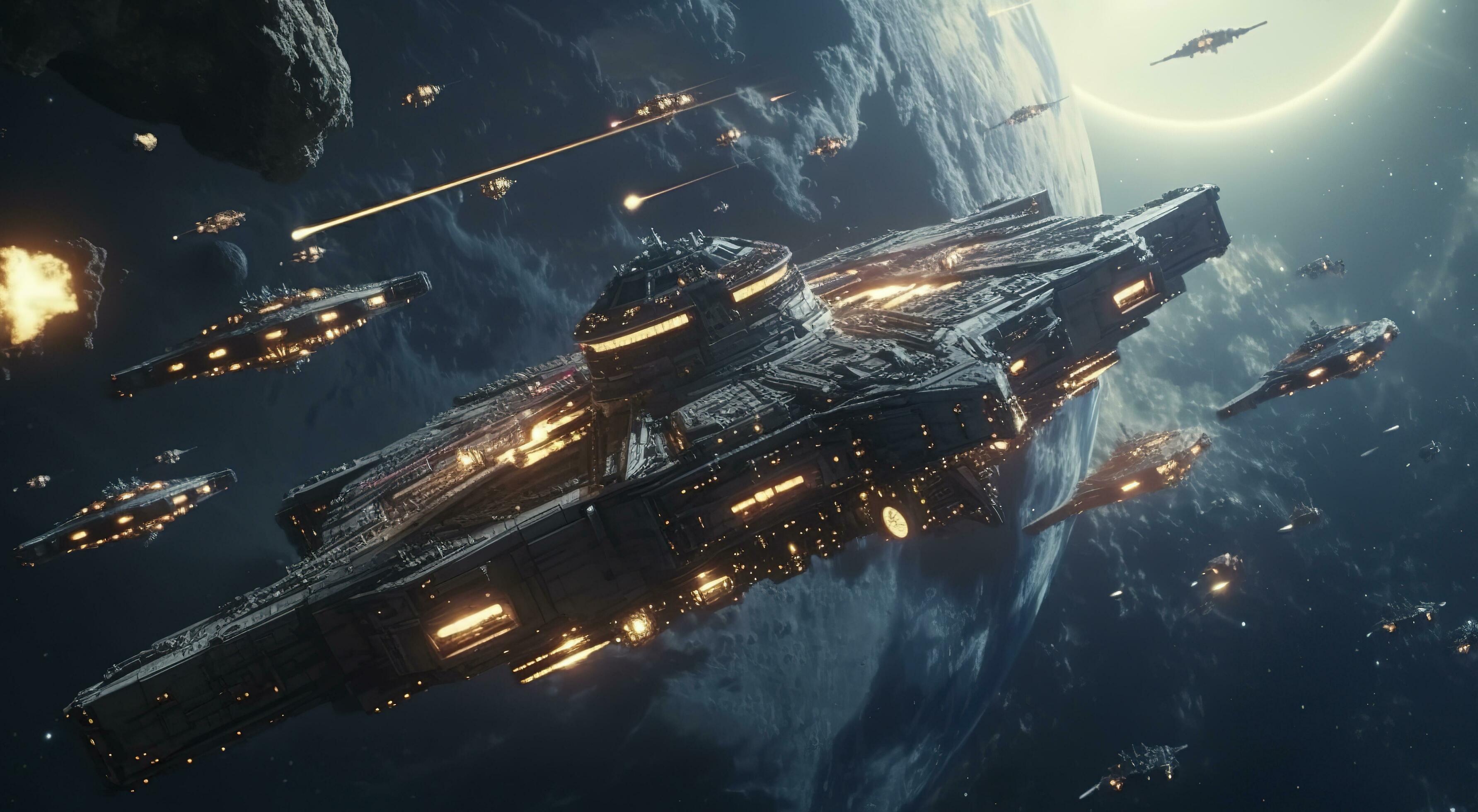 SuperHumanEpoch: Cinematic Still, intense space battle between two massive  battleships, starry sky, nebulae, galaxies, HDR futuristic space battleship  destroyers traveling through an asteroid field, planer in the isolated  blurred background