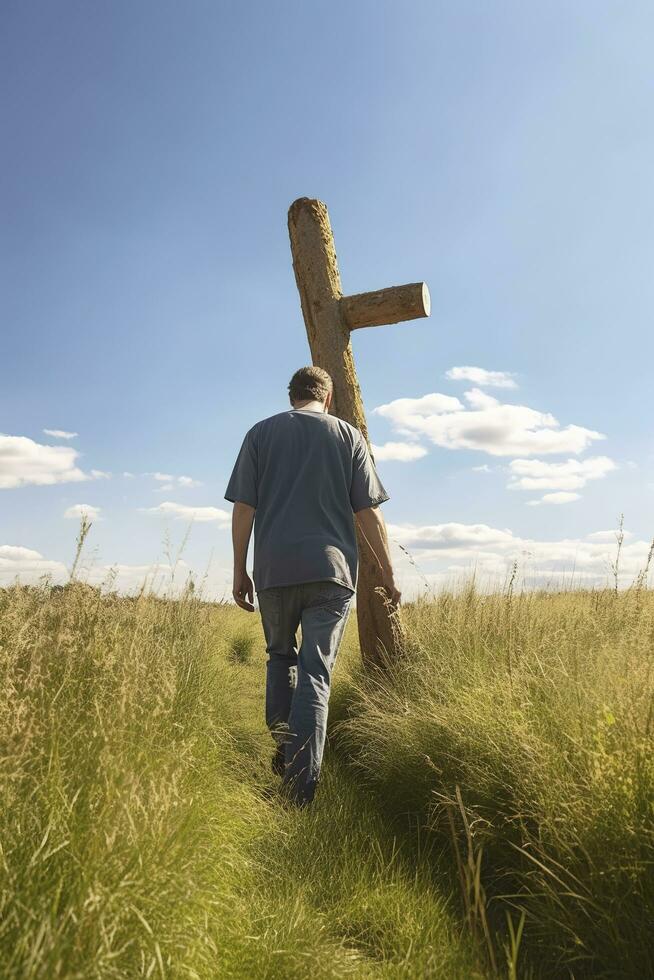 Shallow focus shot of a male carrying a handmade cross, generate ai photo