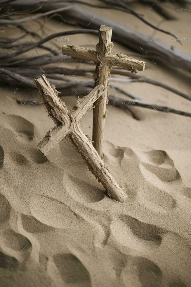 crucifixión de Jesús Cristo - cruzar a atardecer, generar ai foto