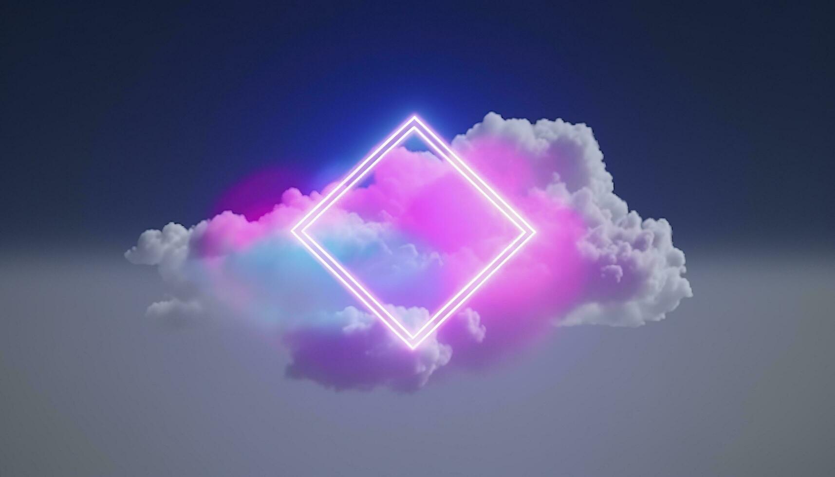 3d render, abstract minimal background with pink blue yellow neon light square frame with copy space, illuminated stormy clouds, glowing geometric shape, generate ai photo