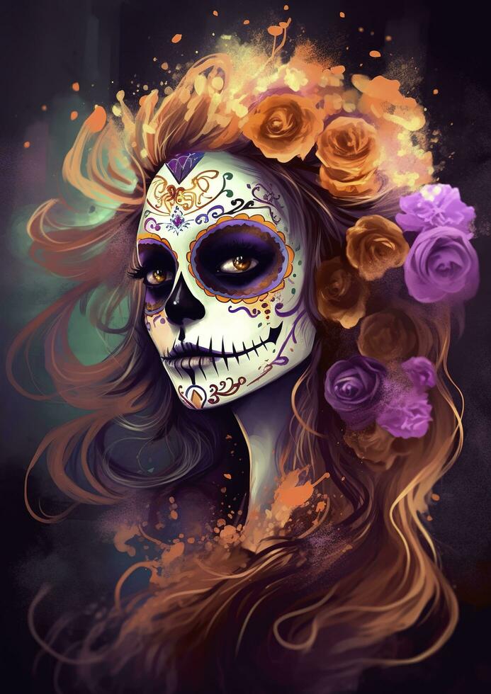 Day of the Dead skulls. Dia de los Muertos. Day of the Dead and Mexican Halloween background. Mexican tradition festival. Day of the dead sugar skull. Dia de los Muertos, generate ai photo