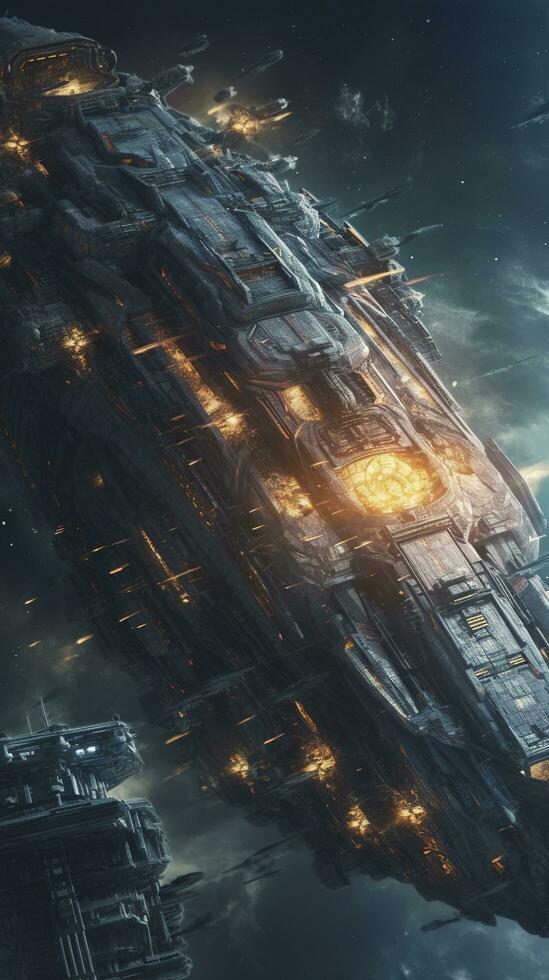 Cinematic Still, intense space battle between two massive battleships, starry sky, nebulae, galaxies, HDR futuristic space battleship destroyers traveling through an asteroid field, generate ai photo