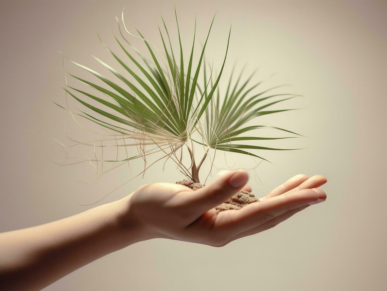 A child holding a plant in their hands with a green background and sunlight shining through the leaves on the plant, generate ai photo