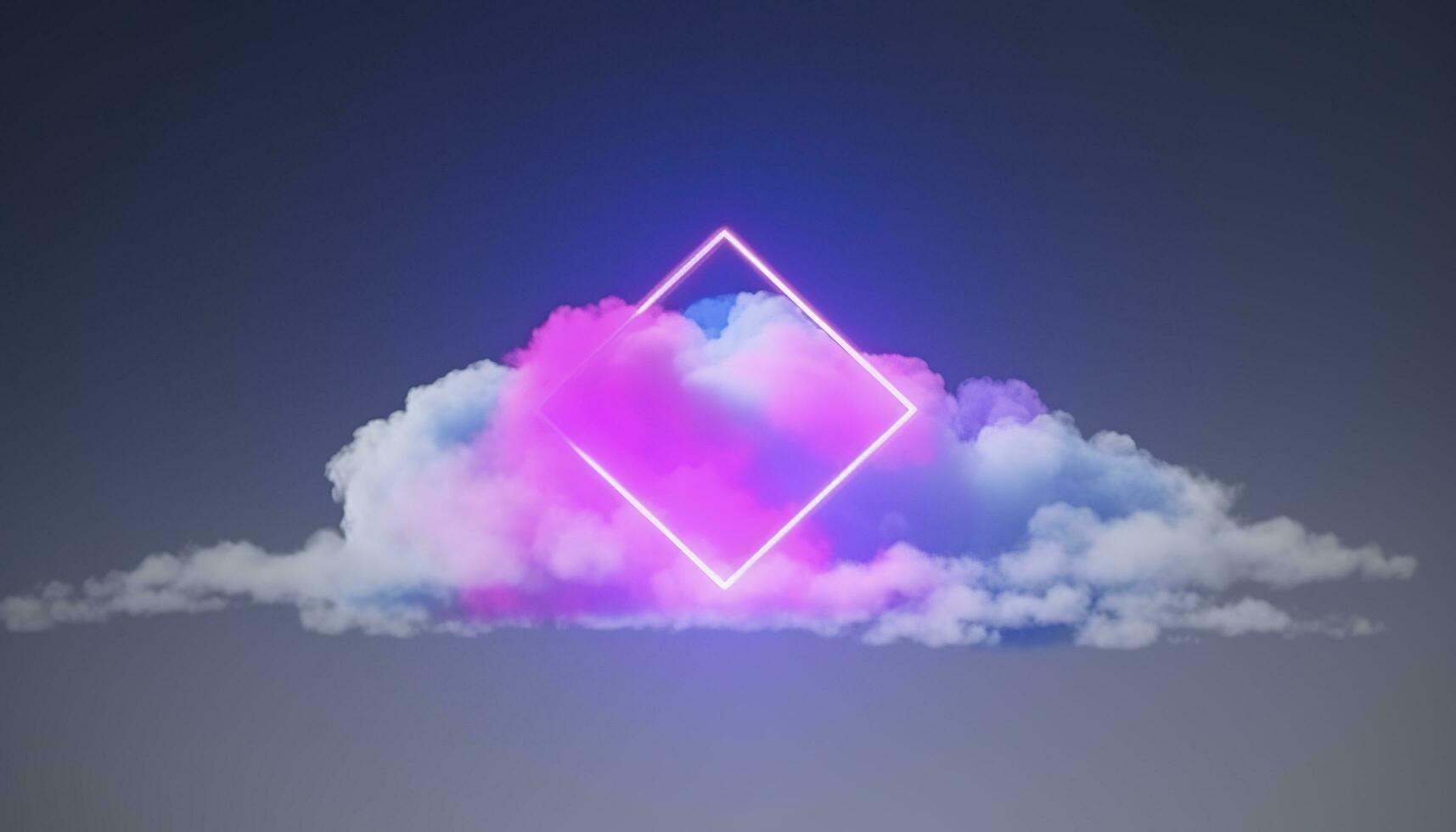 3d render, abstract minimal background with pink blue yellow neon light square frame with copy space, illuminated stormy clouds, glowing geometric shape, generate ai photo