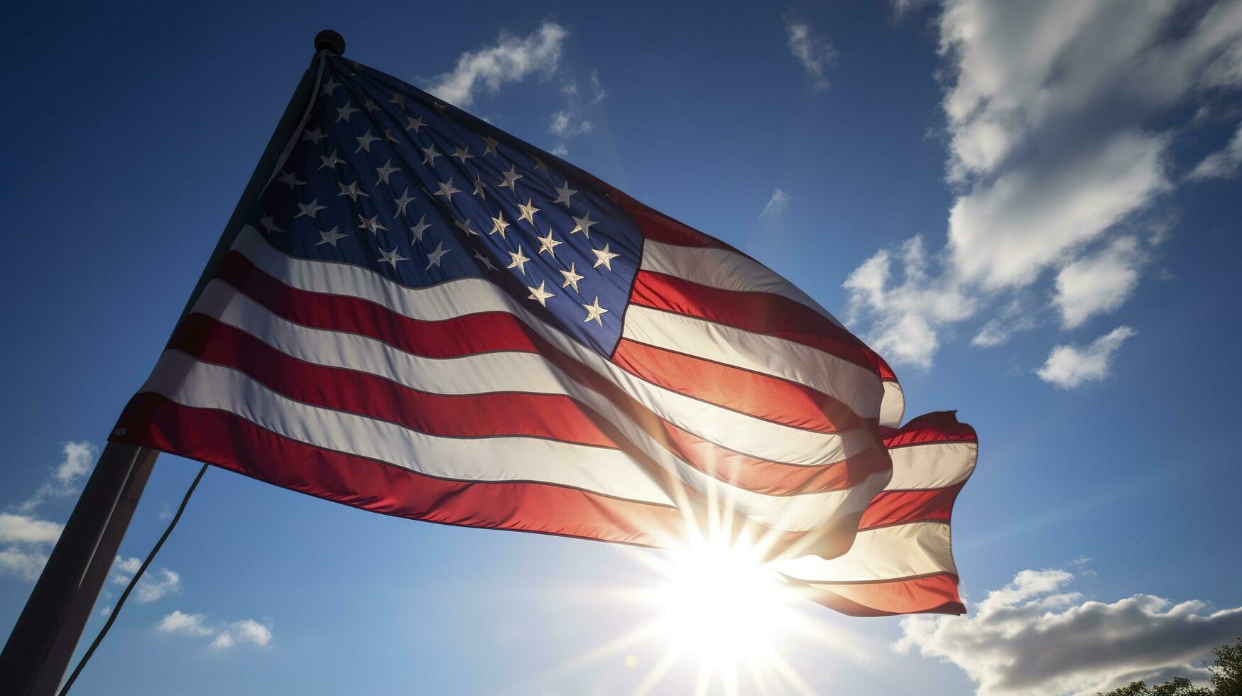 Backlit us national flag flying and waving in the wind over gray stormy cloudy sky, symbol of american patriotism, low angle, generate ai photo