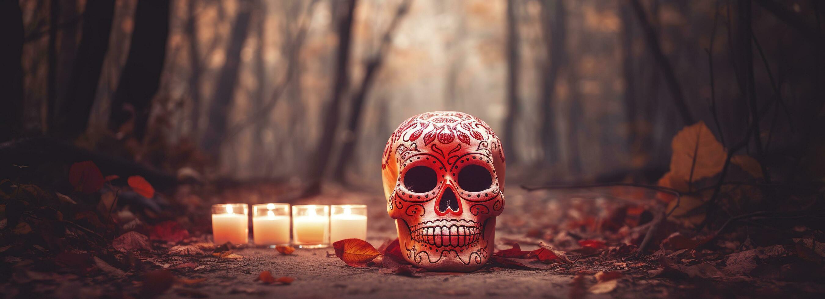 Day of the Dead skulls. Dia de los muertos. Day of the dead and mexican Halloween background. Mexican tradition festival. Day of the dead sugar skull. Dia de los Muertos, generate ai photo