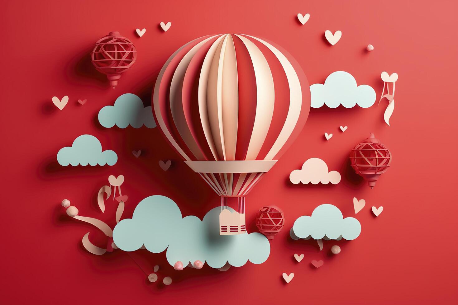 Paper cut style, valentine day with heart balloon and love, photo