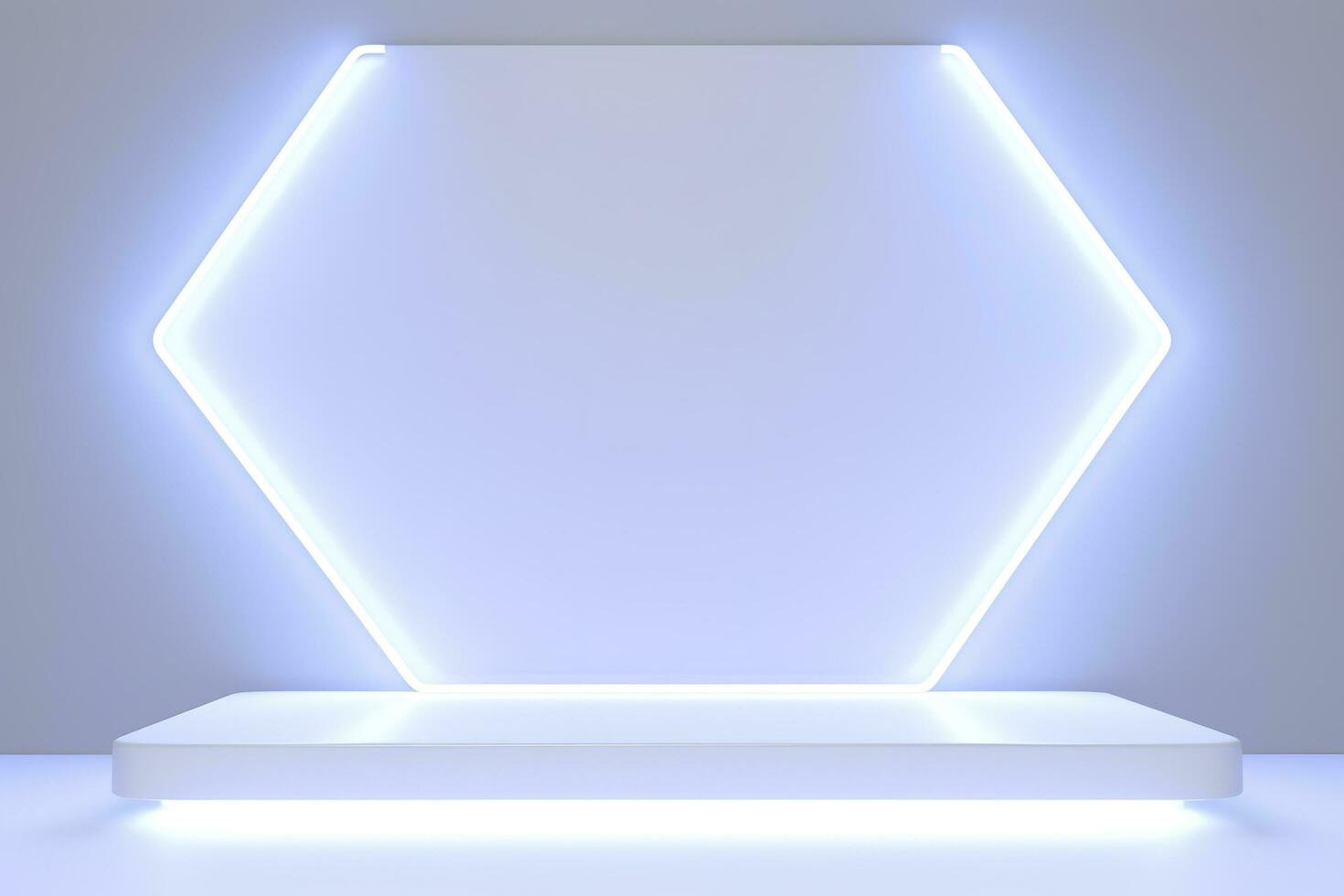 Realistic podium display with neon white lights, Product display background with light frame, White prodium product display with light effect, neon lights background, generate ai photo