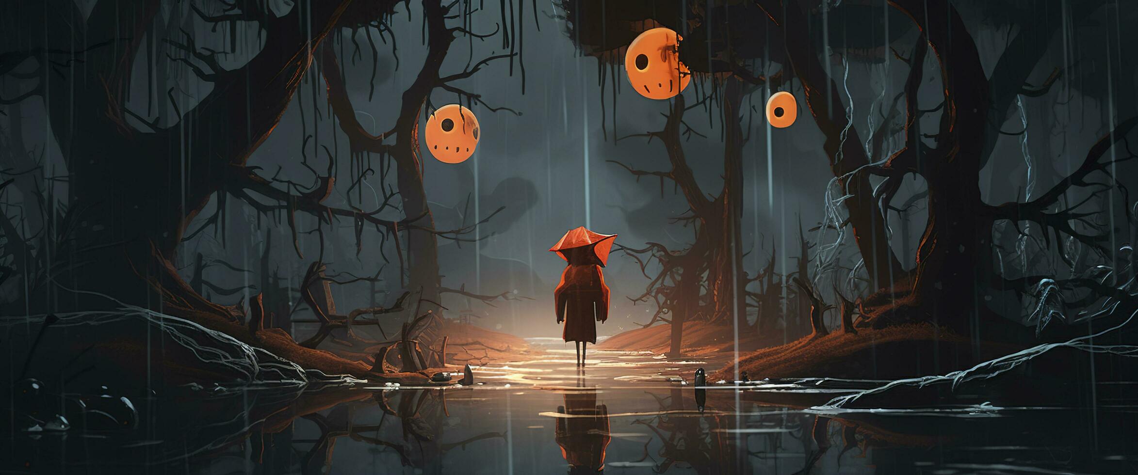 Illuminated Halloween Carved Pumpkins, head jack. Scary forest. Holiday background. Banner size, generate ai photo
