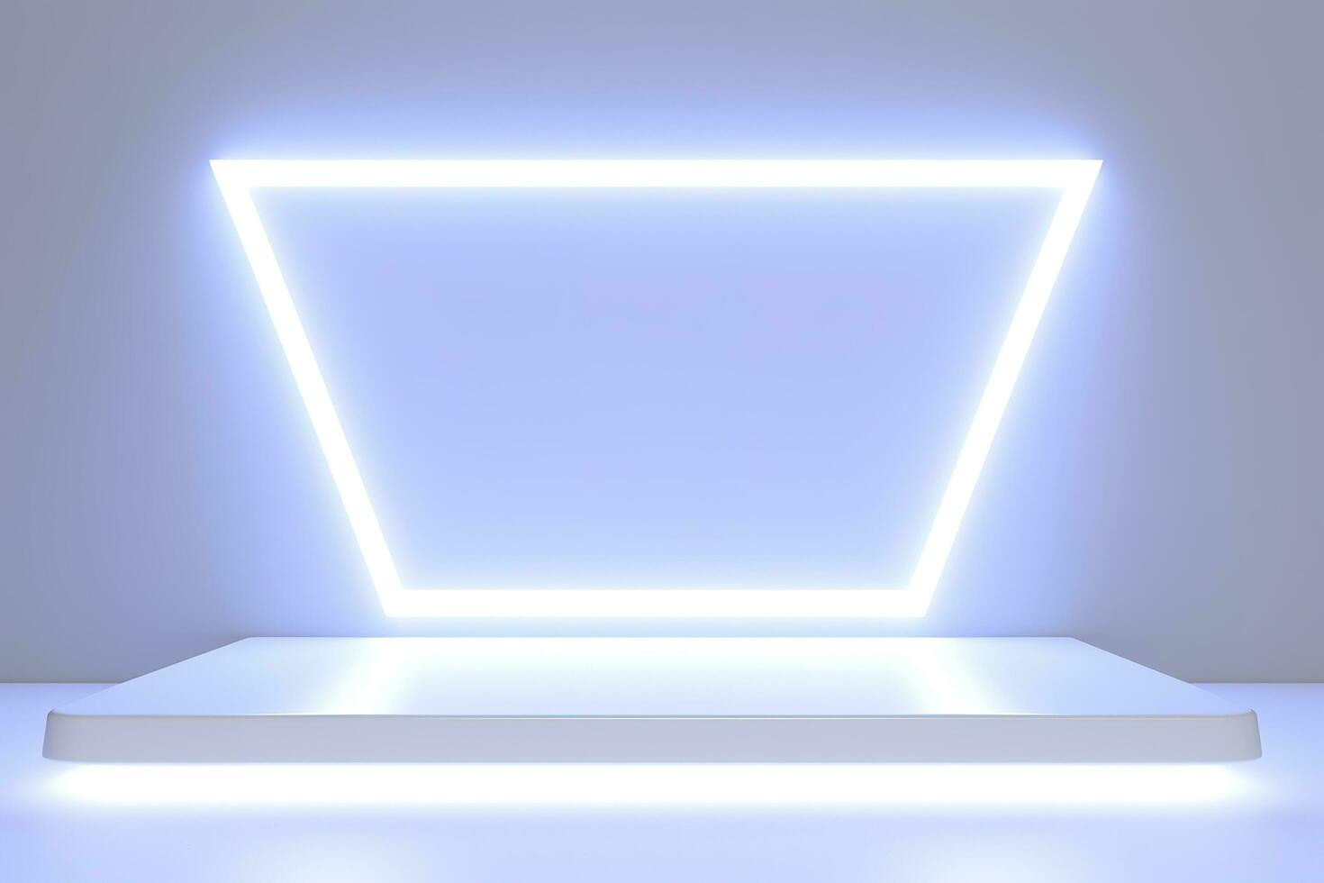 Realistic podium display with neon white lights, Product display background with light frame, White prodium product display with light effect, neon lights background, generate ai photo