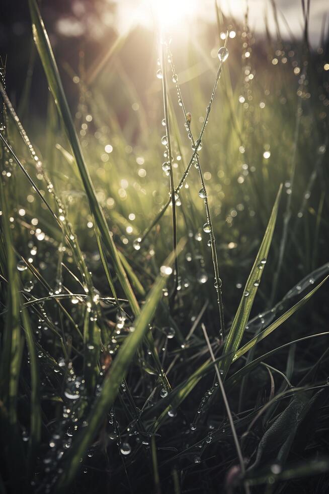 a close up of grass with dew drops on it and a blurry background of the grass and the sun shining through the drops of the grass on the grass is a sunny day light. Generative AI photo