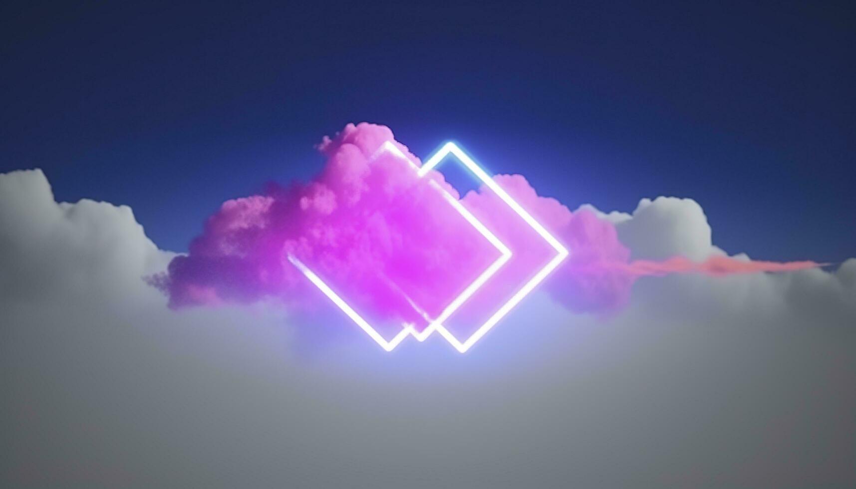 3d render, abstract minimal background with pink blue yellow neon light square frame with copy space, illuminated stormy clouds, glowing geometric shape, generate ai photo