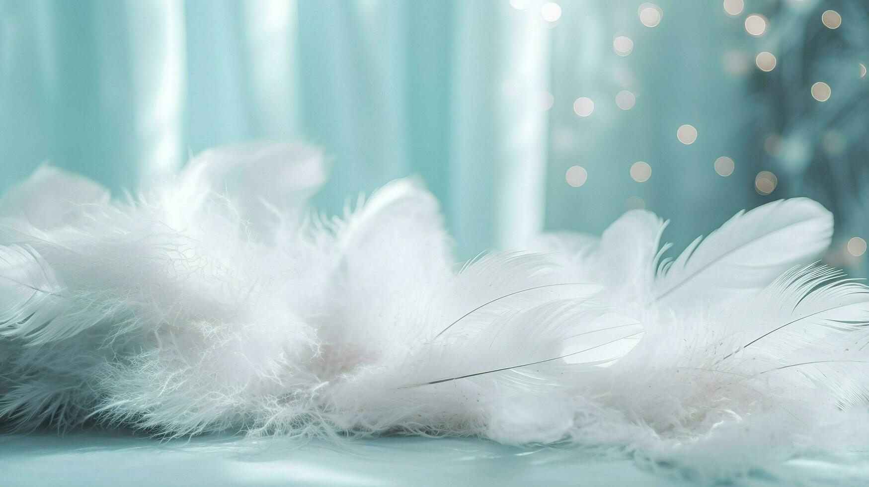 a bright blue background with one white feather, in the style of soft and dreamy pastels, glimmering light effects, nature inspired imagery, fairycore, soft focal points, generate ai photo
