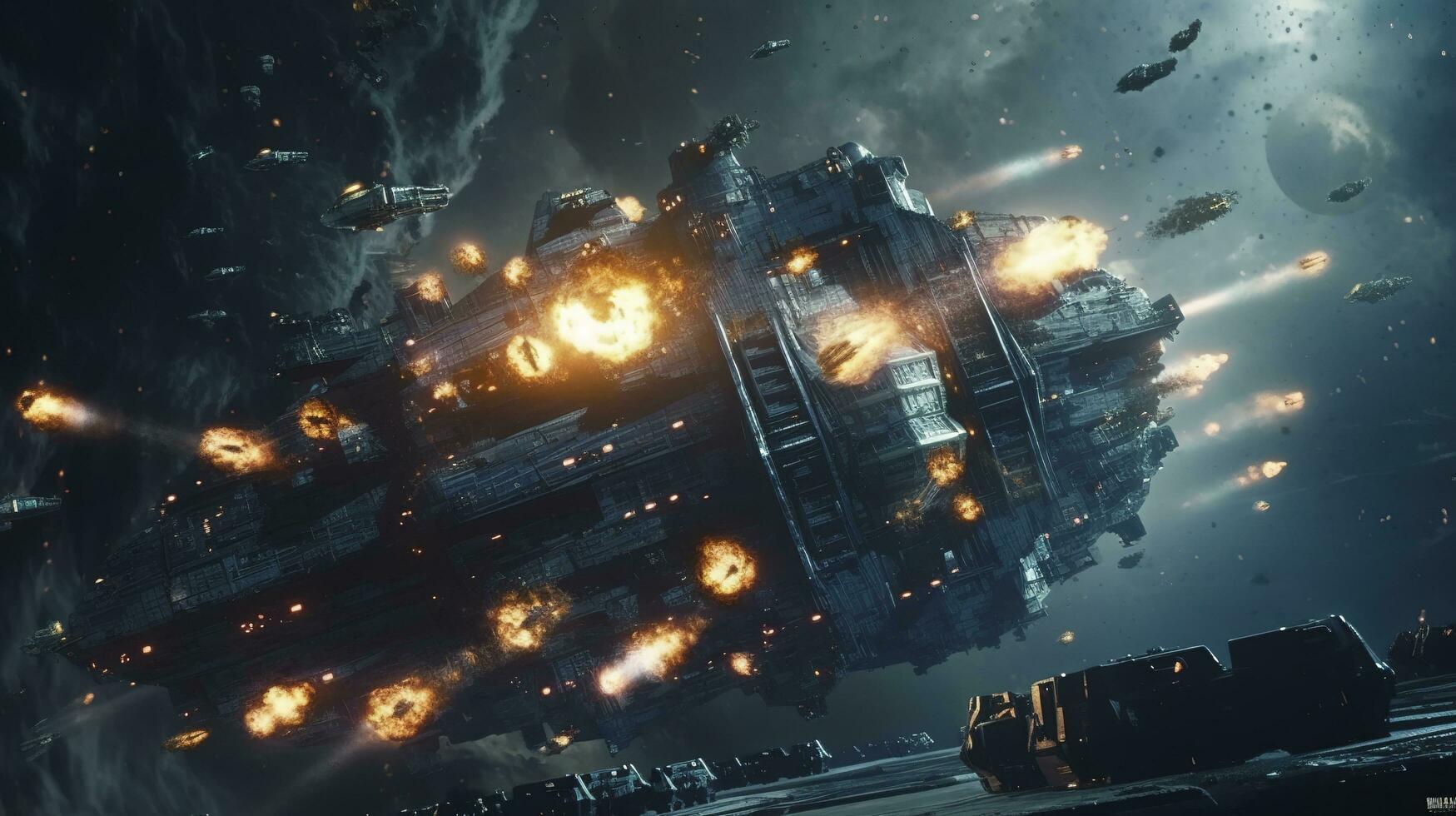 Cinematic Still, intense space battle between two massive battleships, starry sky, nebulae, galaxies, HDR futuristic space battleship destroyers traveling through an asteroid field, generate ai photo