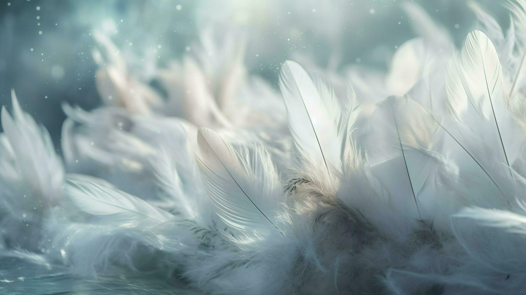 a bright blue background with one white feather, in the style of soft and dreamy pastels, glimmering light effects, nature inspired imagery, fairycore, soft focal points, generate ai photo