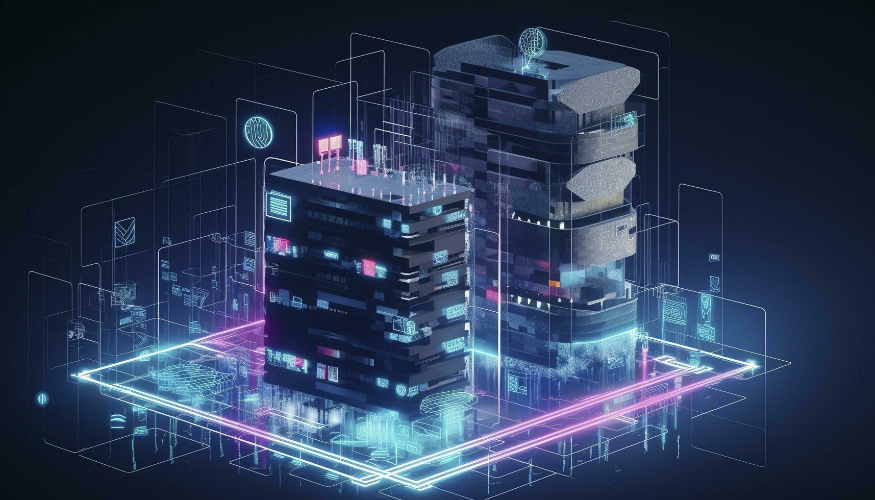 desarrollo arquitectura computadora sistemas de un inteligente edificio. diseño moderno edificio construcción con ai control S. proyecto inteligente casa construcción con artificial inteligencia, generar ai foto