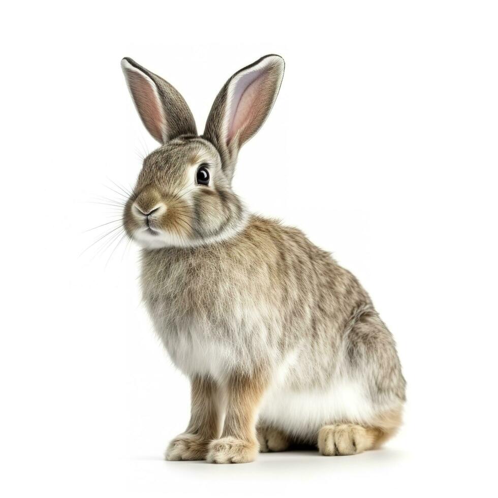 The funny rabbit is standing on its hind legs isolated on white background, generate ai photo