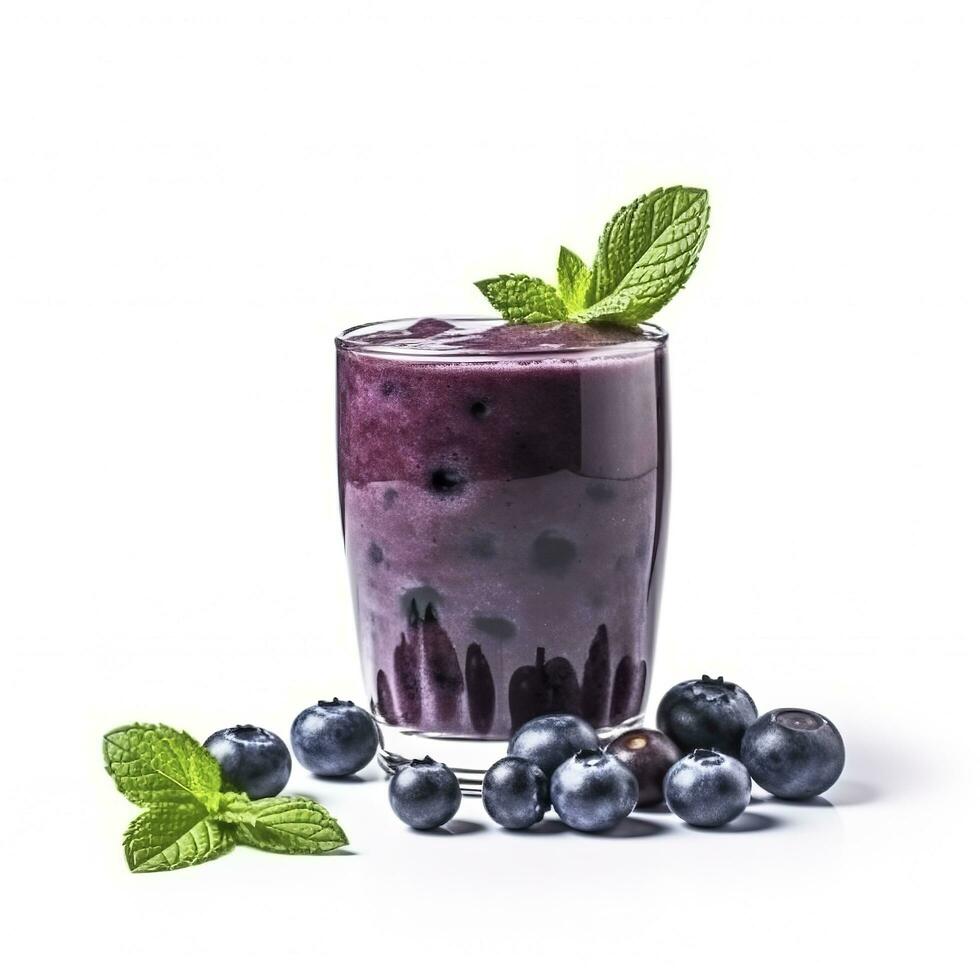 Tasty blueberry smoothie in glass isolated on white background, generate ai photo