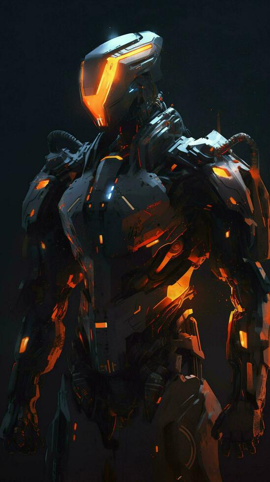 a robot armoured with orange and black lights, in the style of anime art, wlop, sharp lines, 8k resolution, the new fauves, exaggerated poses, generate ai photo