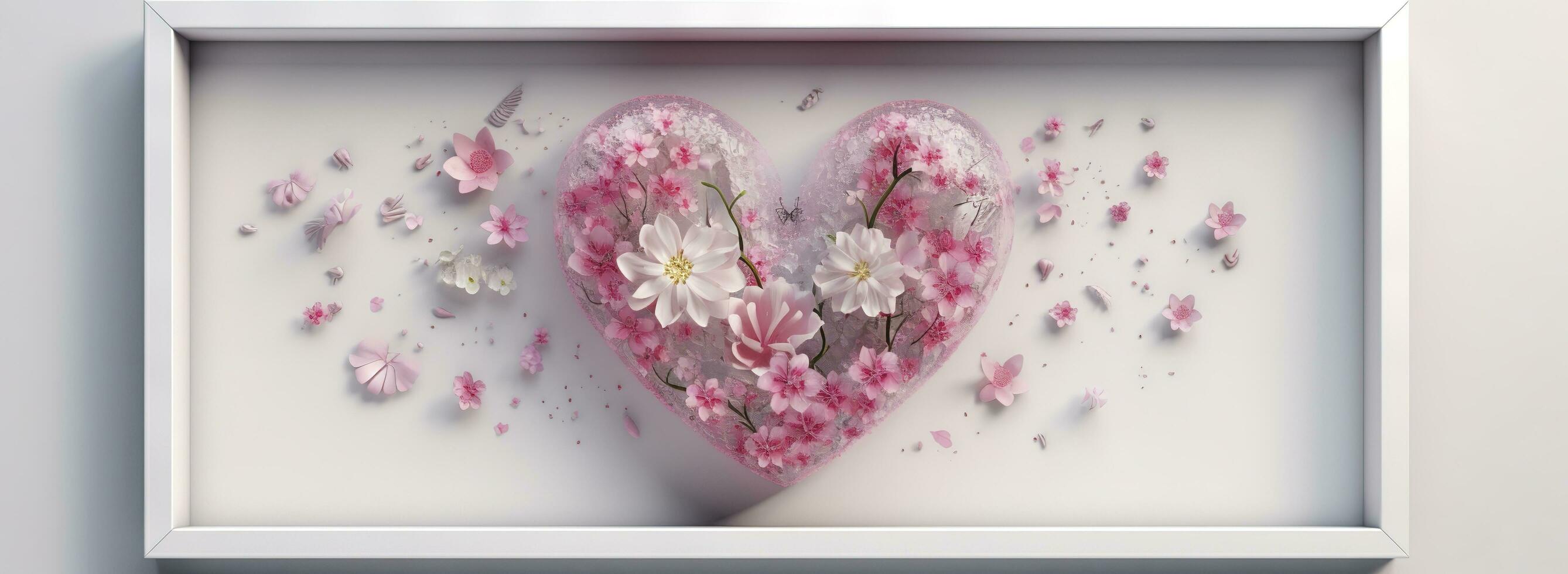 heart shape sculpture with pink flowers in a white frame, in the style of motion blur panorama, kawaii manga, photo bashing, sony alpha a1, detailed character design, bulbous, generate ai