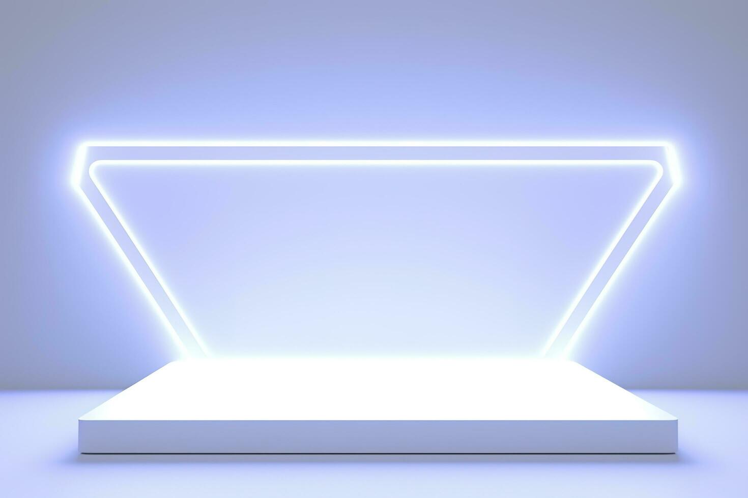 Realistic podium display with neon white lights, Product display background with light frame, White prodium product display with light effect, neon lights background, generate ai photo