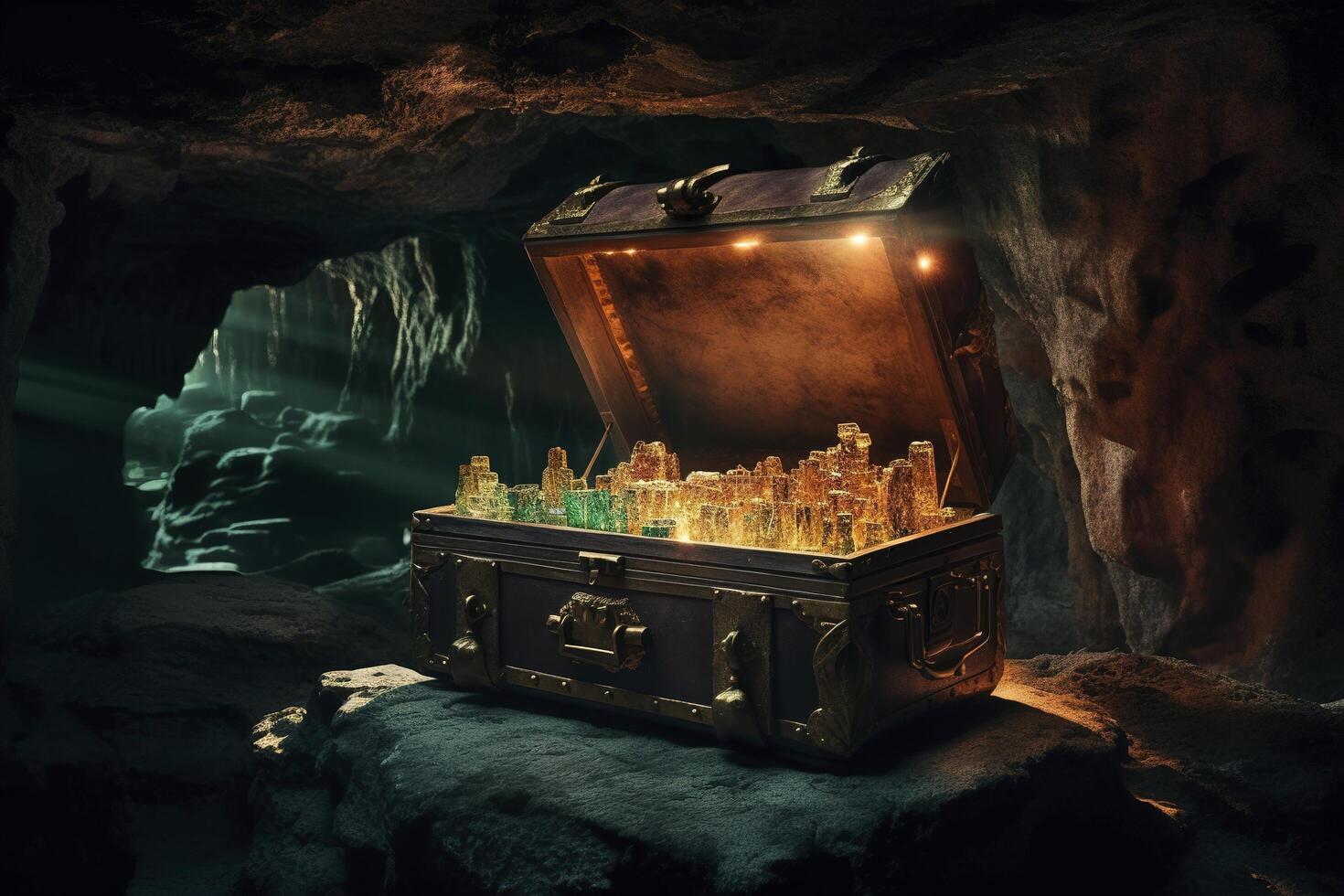 illustration of pirates treasure chest in cave photo