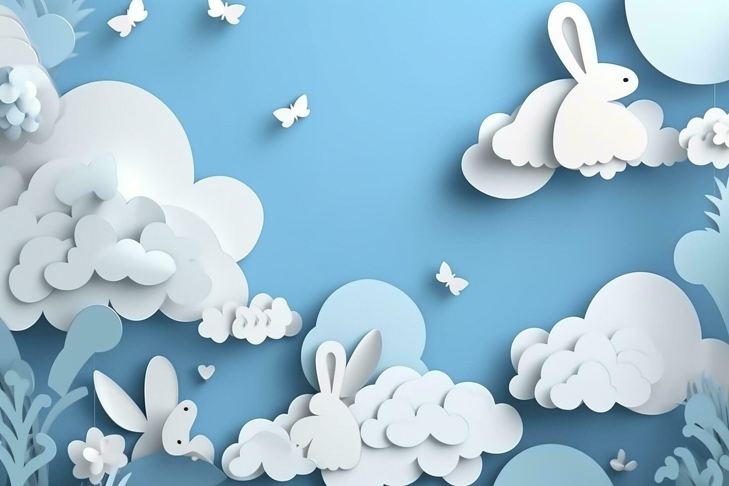 Horizontal banner with paper cut clouds, rabbit, eggs, and hearts, blue sky background, paper cut craft art. A place for text. Happy Easter Day sale concept, template with square frame, generate ai photo