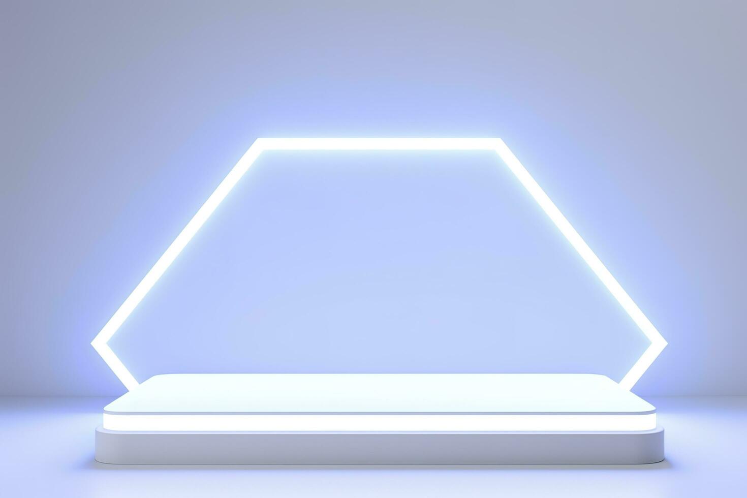 Realistic podium display with neon white lights, Product display background with light frame, White prodium product display with light effect, neon lights background, generate ai photo