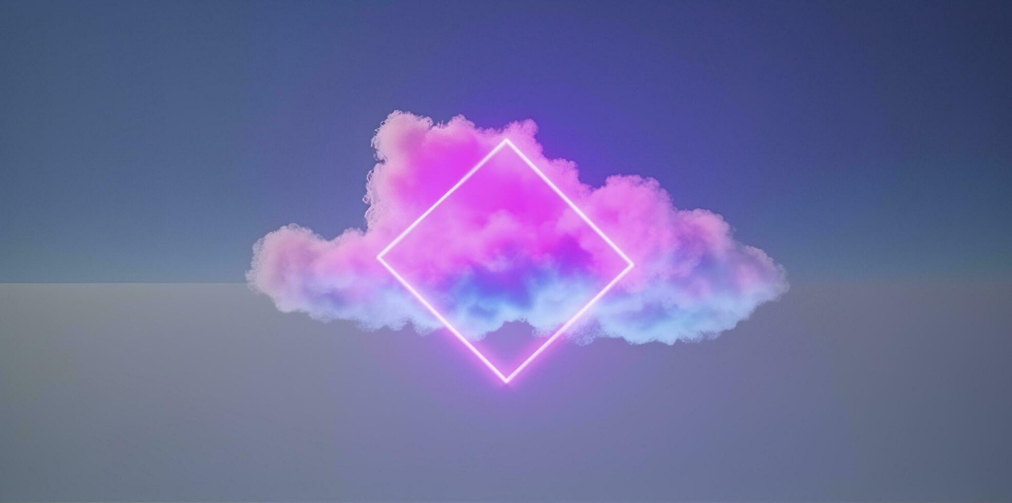 3d render, abstract minimal background with pink blue yellow neon light square frame with copy space, illuminated stormy clouds, glowing geometric shape, generate ai photo