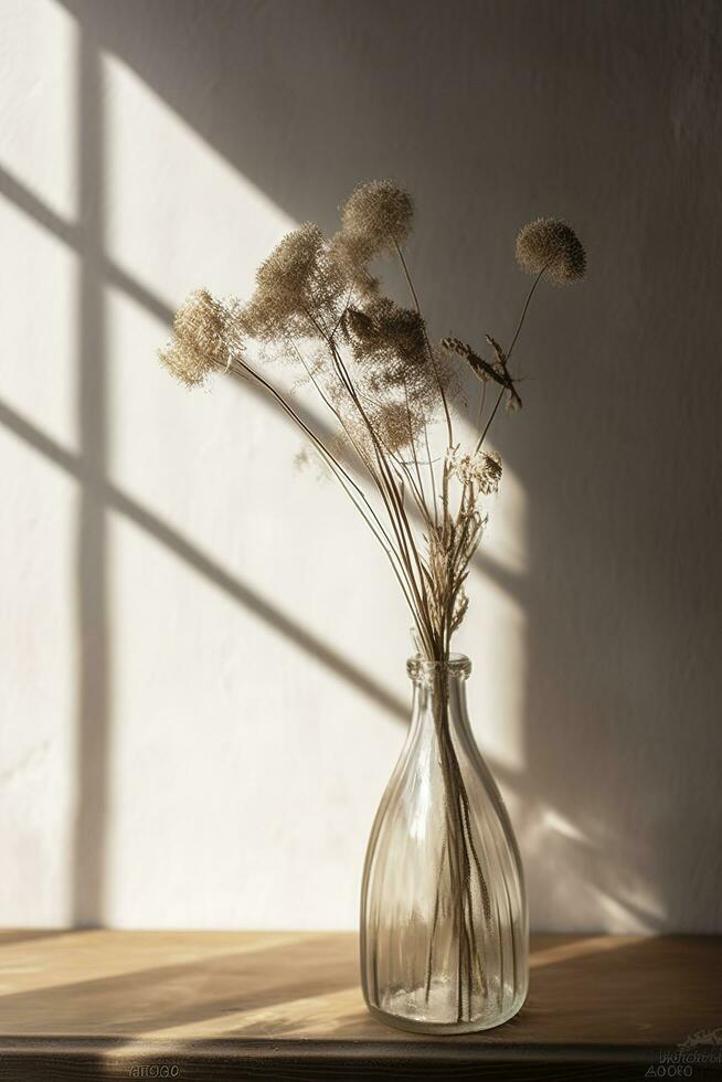 Dried meadow grass bouquet in clear glass bottle aesthetic sun light shadows on neutral wall, minimalist floral interior design , generate ai photo