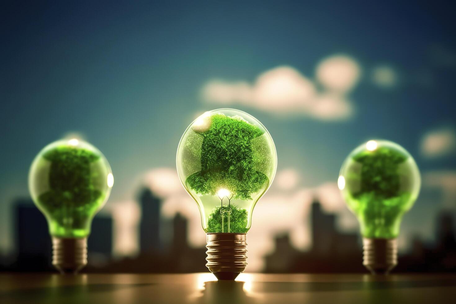 Energy consumption and CO2 gas emissions are increasing light bulbs with green eco city, Renewable energy by 2050 Carbon neutral energy, Save energy creative idea concept, . photo